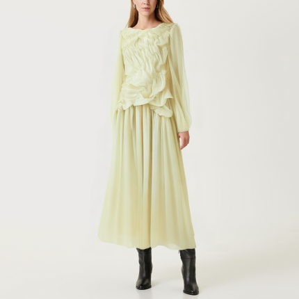 Yellow mesh pleated women's long-sleeved dress