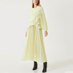 Yellow mesh pleated women's long-sleeved dress