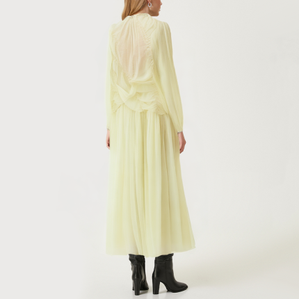 Yellow mesh pleated women's long-sleeved dress