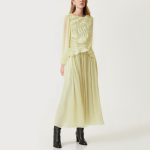 Yellow mesh pleated women's long-sleeved dress