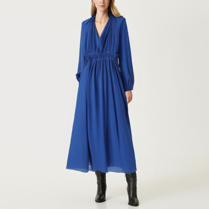 Pleated V-neck elastic waist women's long-sleeved dress