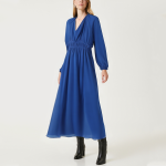 Pleated V-neck elastic waist women's long-sleeved dress