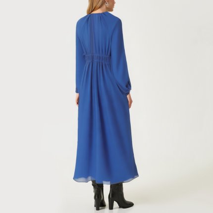 Pleated V-neck elastic waist women's long-sleeved dress