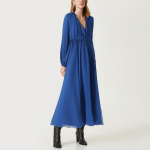 Pleated V-neck elastic waist women's long-sleeved dress