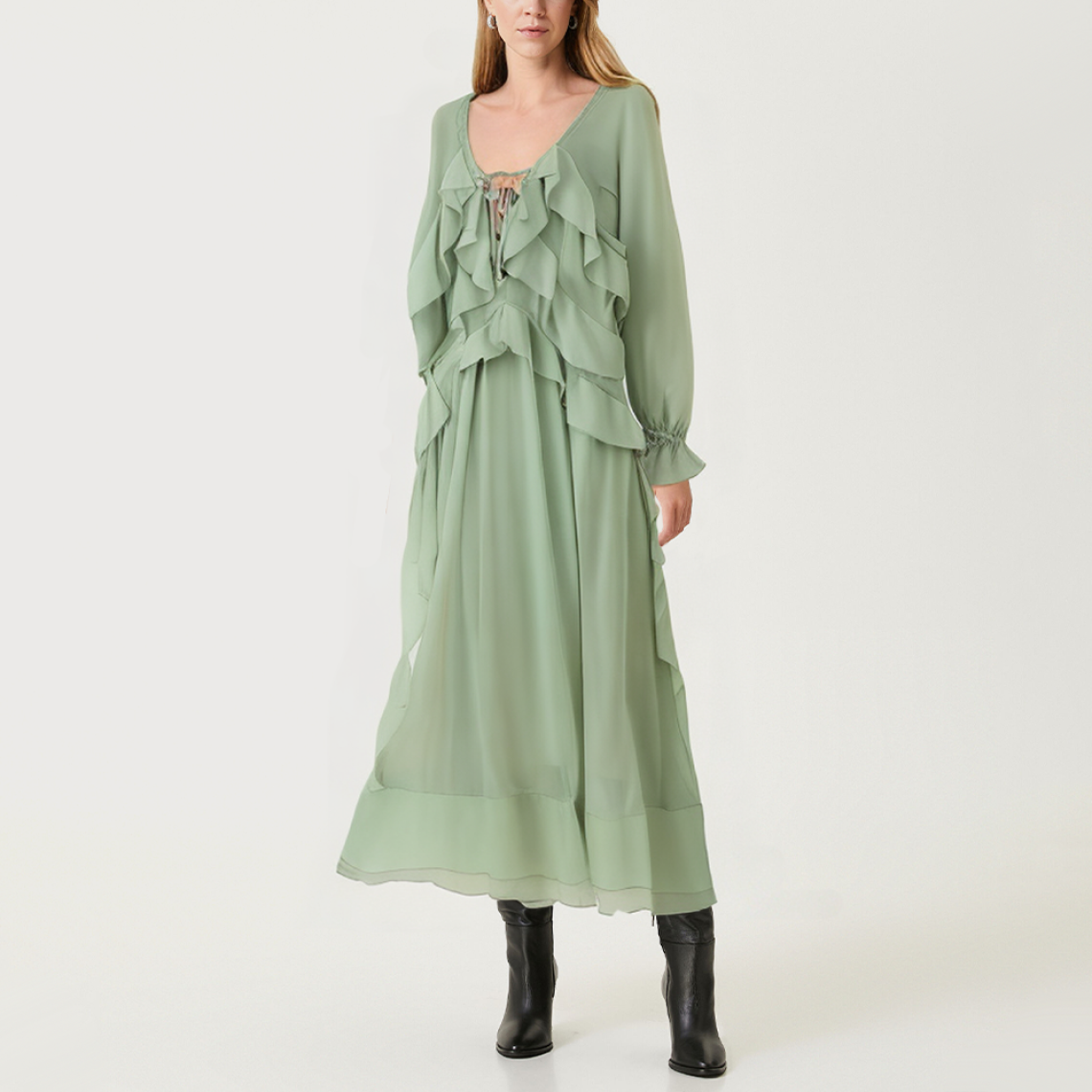 Green ruffle trim women's long-sleeved dress