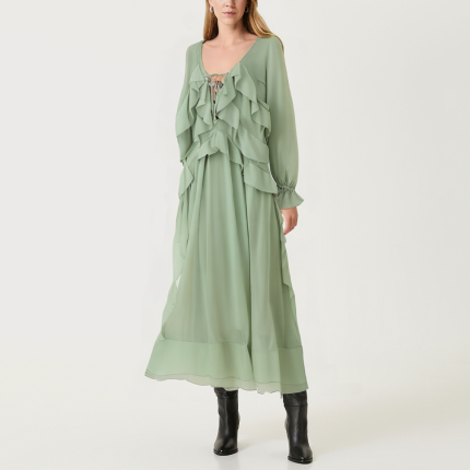 Green ruffle trim women's long-sleeved dress