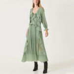 Green ruffle trim women's long-sleeved dress