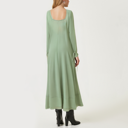 Green ruffle trim women's long-sleeved dress