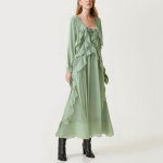 Green ruffle trim women's long-sleeved dress