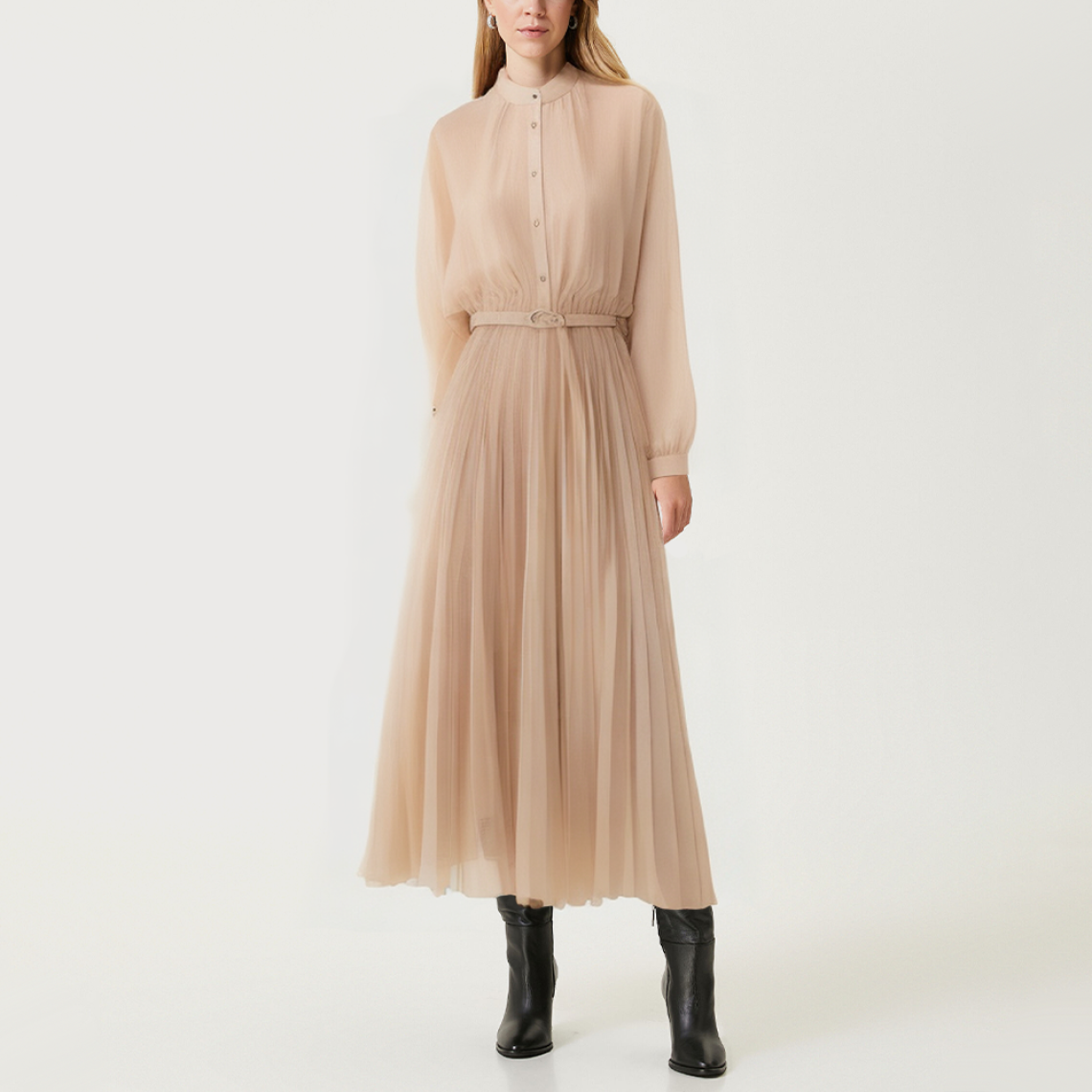 Elegant round neck pleated women's long-sleeved dress
