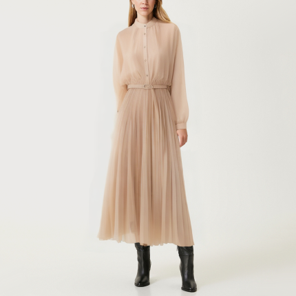 Elegant round neck pleated women's long-sleeved dress