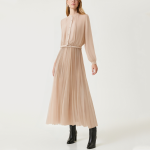 Elegant round neck pleated women's long-sleeved dress