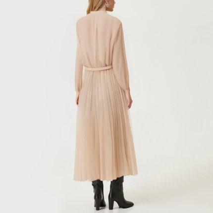 Elegant round neck pleated women's long-sleeved dress