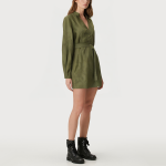 Green embroidered women's long sleeve dress