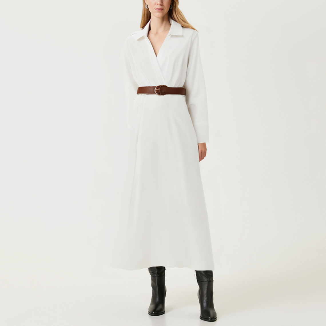 White simple satin texture women's long-sleeved dress