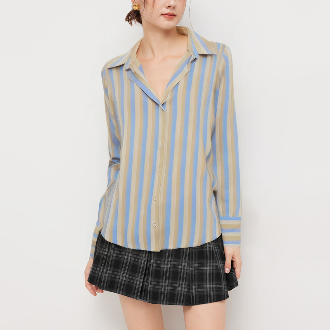 Fashion striped lapel women's long-sleeved shirt
