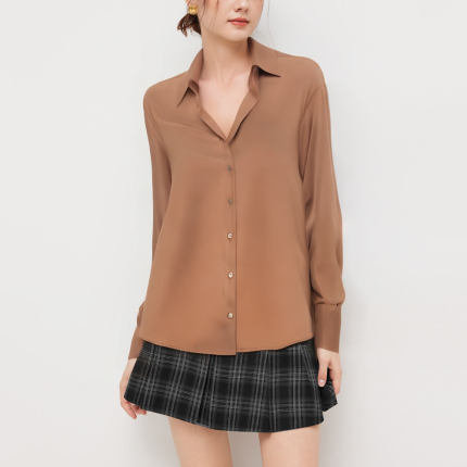 Fashionable satin brown women's long sleeve shirt