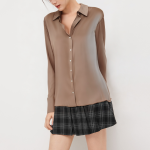 Fashionable satin brown women's long sleeve shirt
