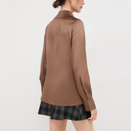 Fashionable satin brown women's long sleeve shirt