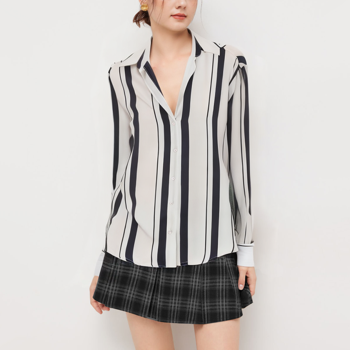 Stripe print satin women's long sleeve shirt