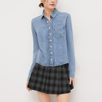 Lapel single-breasted denim women's long-sleeved shirt