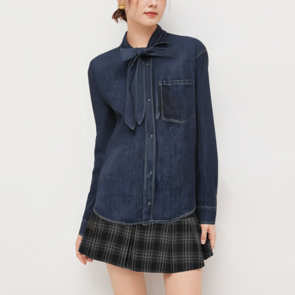 Chic bow denim women's long sleeve shirt