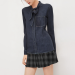 Chic bow denim women's long sleeve shirt