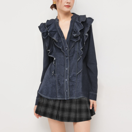 Women's ruffle trim denim long sleeve shirt