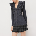 Women's ruffle trim denim long sleeve shirt