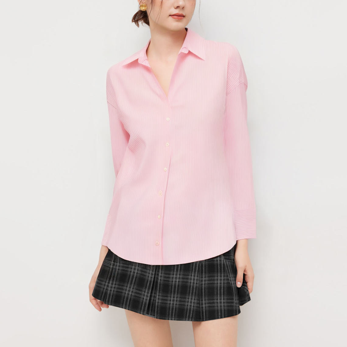 Pink striped casual women's long sleeve shirt