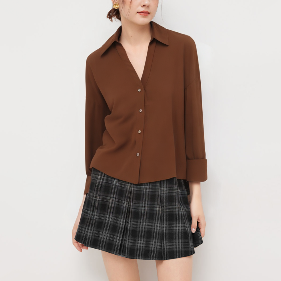 Brown wide sleeve loose women's long sleeve shirt