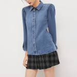 Women's pleated detail denim long sleeve shirt