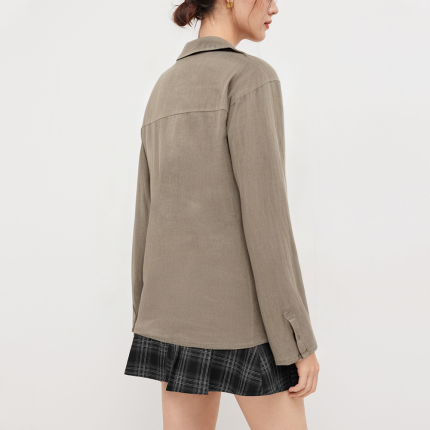 Vintage lapel linen women's long sleeve shirt