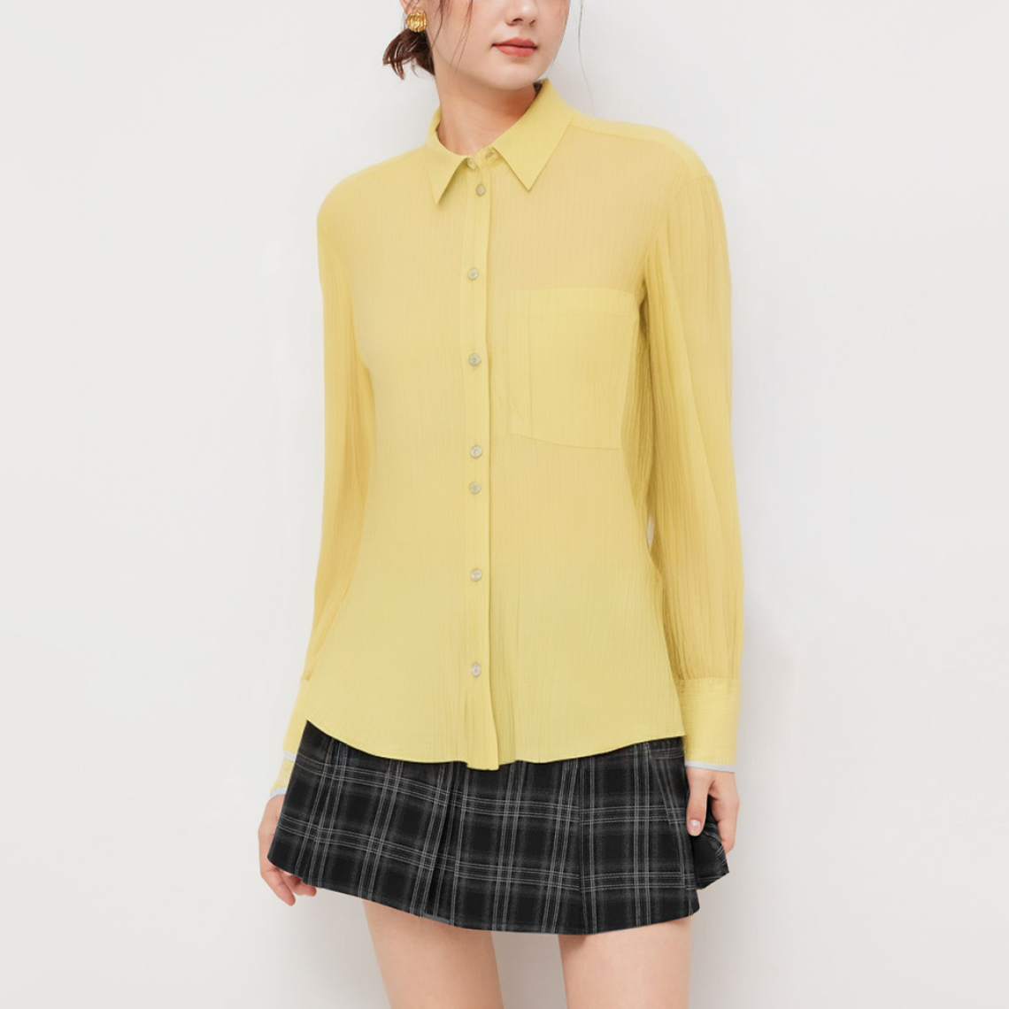 Yellow lapel striped women's long-sleeved shirt