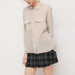 Beige pocket loose women's long sleeve shirt