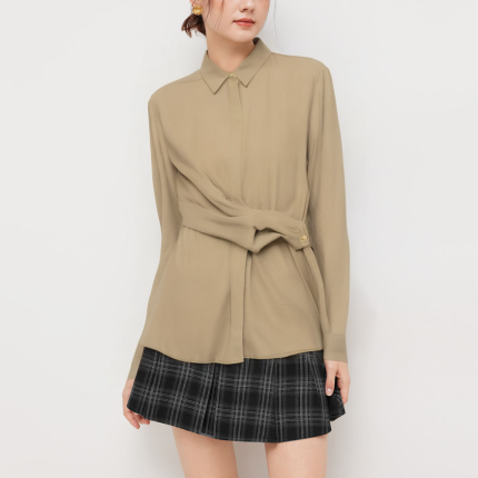 Women's cross front pleated long sleeve shirt