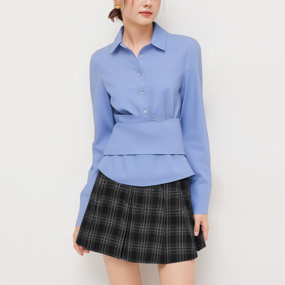 Blue silky wrap women's long sleeve shirt