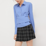 Blue silky wrap women's long sleeve shirt