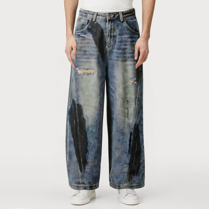 Distressed acid-washed loose-fitting men's denim trousers