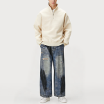 Distressed acid-washed loose-fitting men's denim trousers