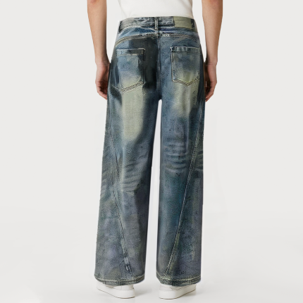 Distressed acid-washed loose-fitting men's denim trousers