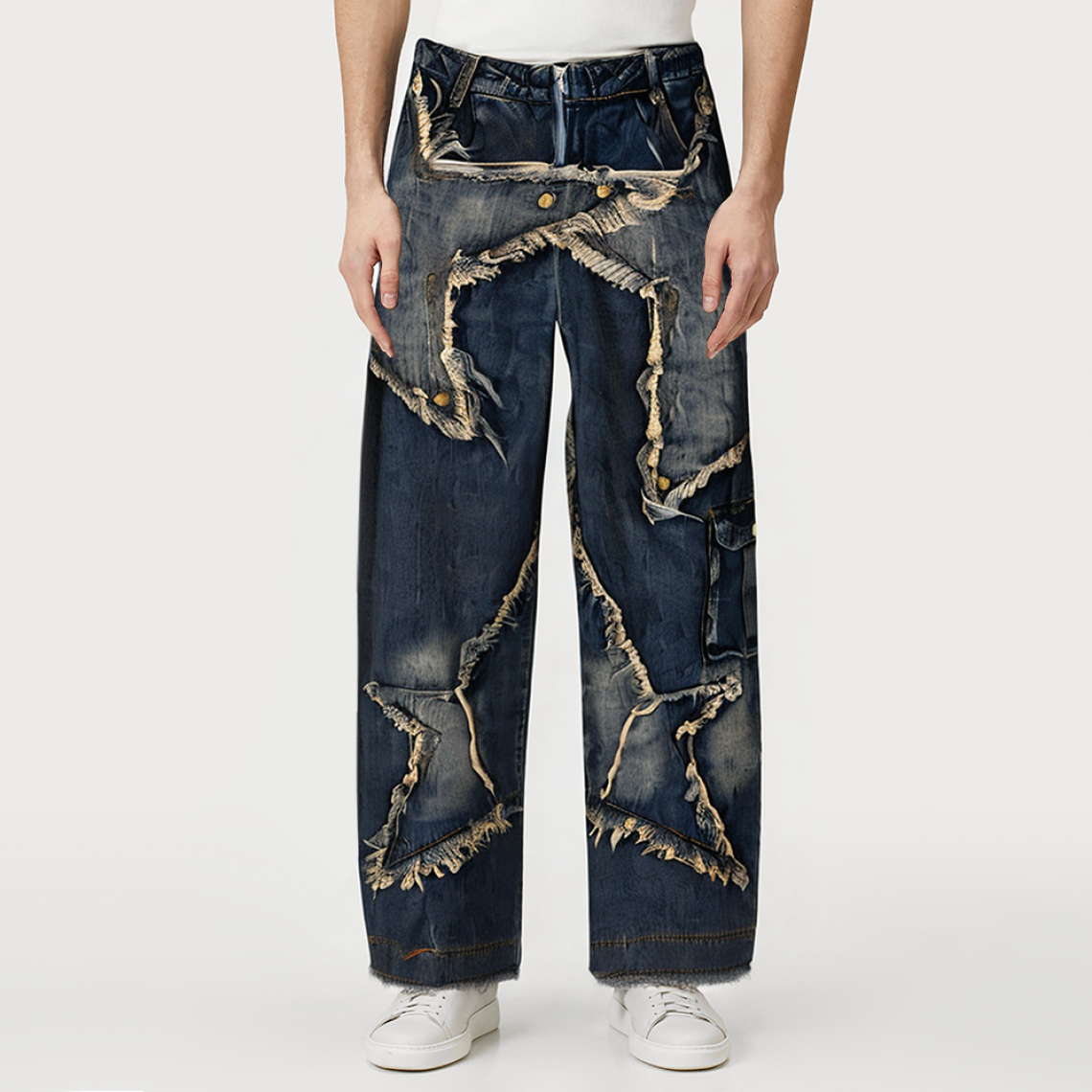 Distressed vintage loose men's denim trousers