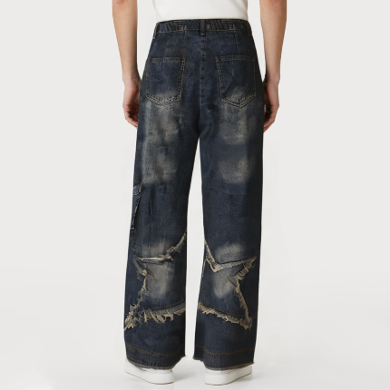 Distressed vintage loose men's denim trousers