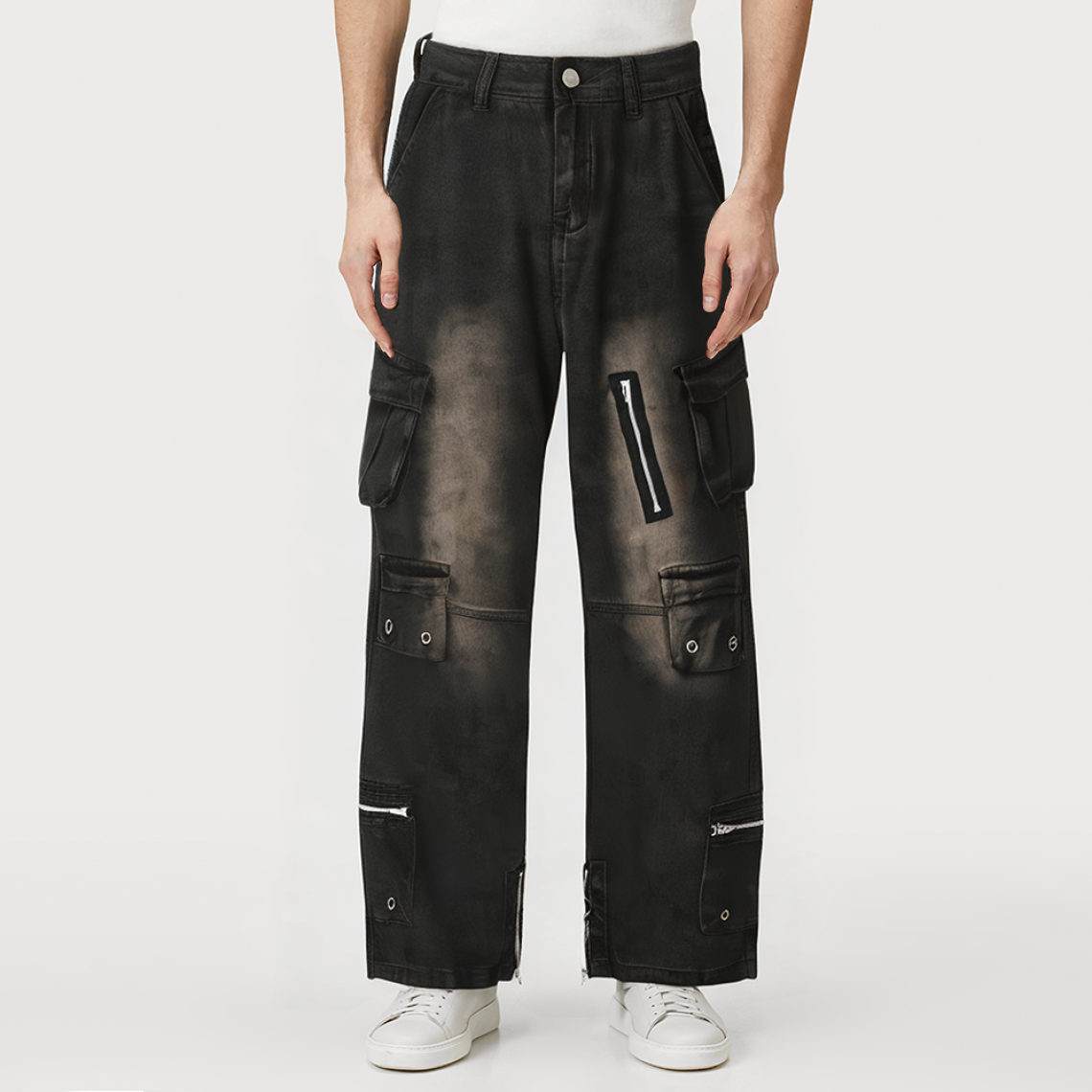 Vintage washed multi-pocket men's denim trousers