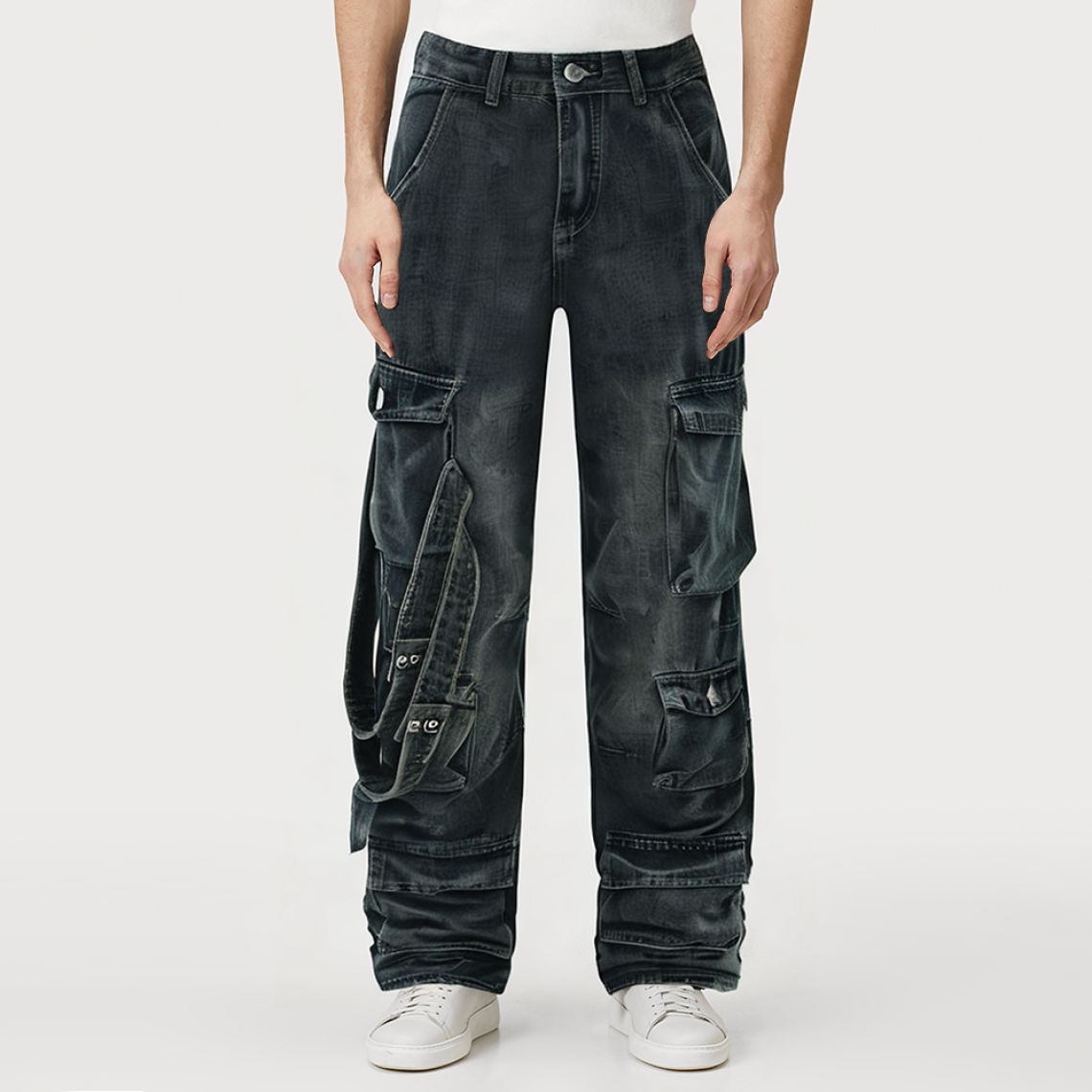 Acid wash loose fit multi-pocket men's denim pants