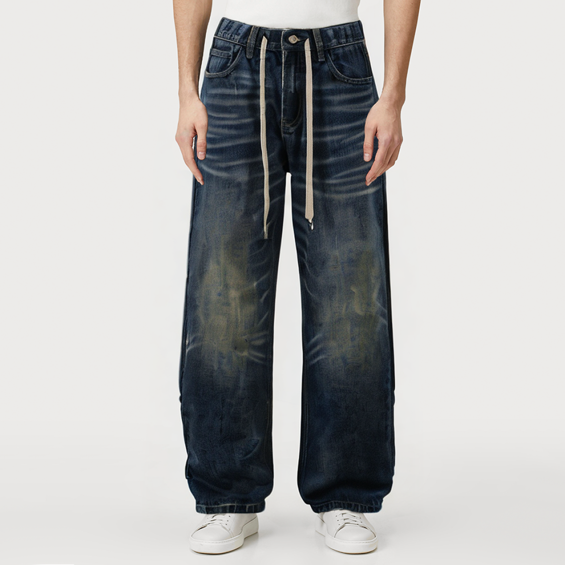 Distressed washed straight-leg men's denim trousers