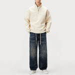 Distressed washed straight-leg men's denim trousers