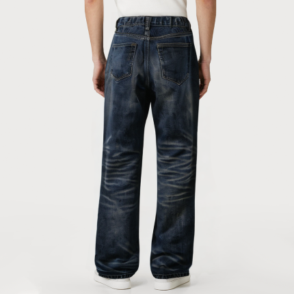 Distressed washed straight-leg men's denim trousers