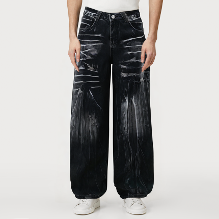Washed tie-dyed loose men's denim trousers
