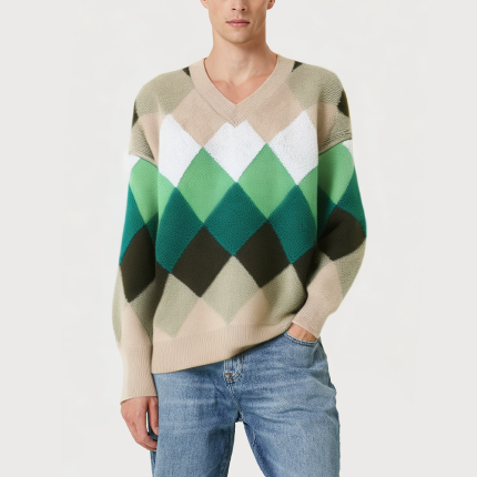Men's geometric pattern colorblock V-neck sweater